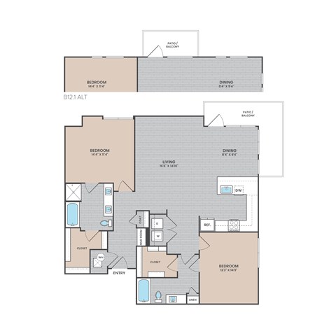 A floor plan of a house with two bedrooms, a living area, a dining area, a bathroom, a kitchen, a laundry area, and a garage.